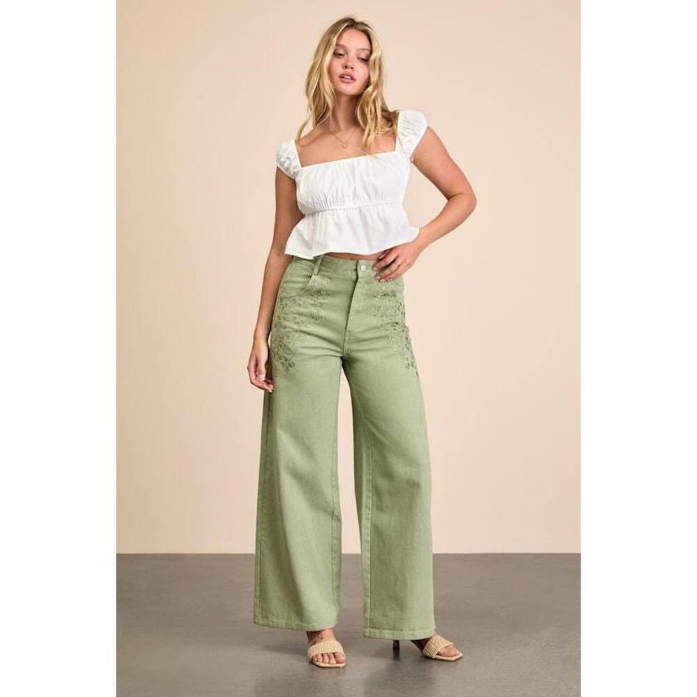 Lulus Ronnie Sage Green Twill Embroidered Wide-leg Pants - Size XL